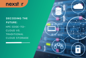 A visual representation of a networked data storage system, with interconnected icons highlighting the interconnected nature of HPE Edge-to-Cloud solutions versus traditional centralised cloud storage.