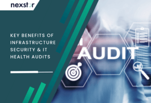 Icons surrounding 'Audit' text illustrating the comprehensive process of an IT health audit focused on infrastructure security and the key benefits it offers to businesses.