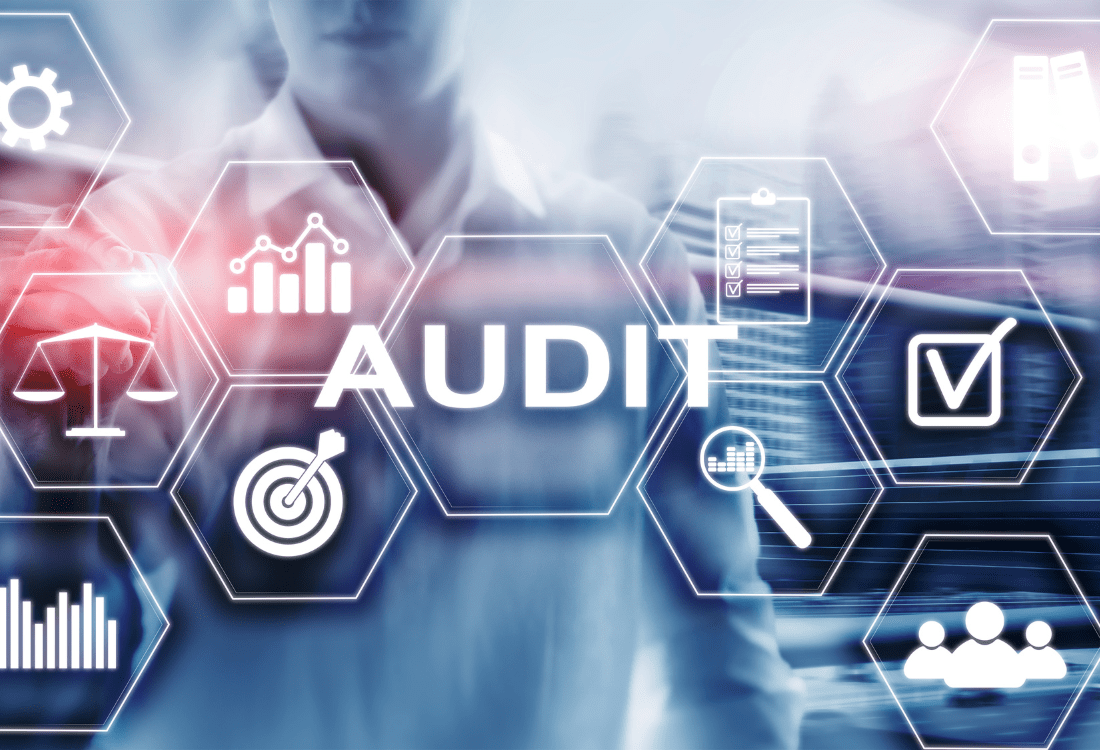 Icons surrounding 'Audit' text illustrating the comprehensive process of an IT health audit focused on infrastructure security and the key benefits it offers to businesses.