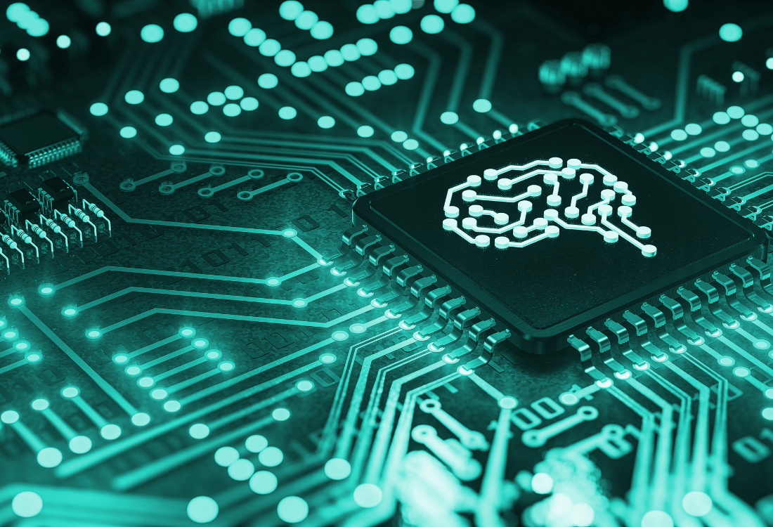 Close-up of a circuit board with a microchip featuring a brain icon, symbolising advanced AI-driven technology and innovation, representing Dell PowerStore Prime's cutting-edge data storage solutions for mid-sized businesses.