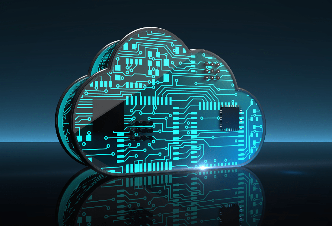 Digital cloud icon with a circuit board design, symbolising advanced cloud-based data backup and cybersecurity technologies