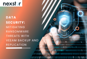 Digital representation of data security with a shield icon and a hand interacting with technology, symbolising ransomware protection using Veeam Backup and Replication.