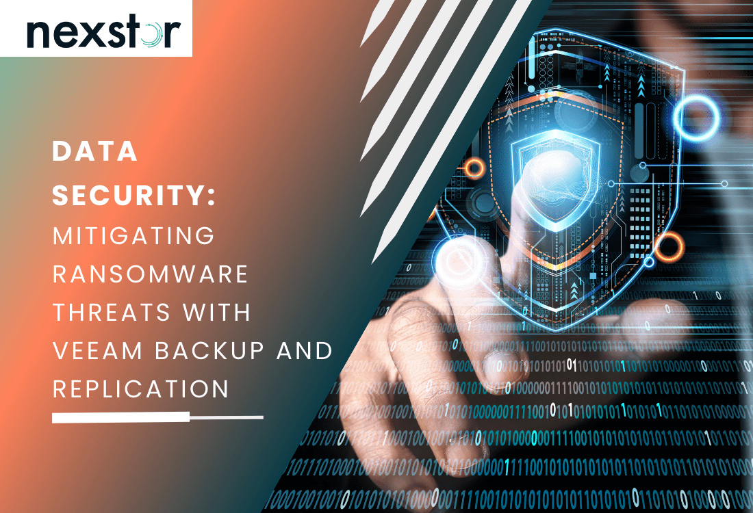 Digital representation of data security with a shield icon and a hand interacting with technology, symbolising ransomware protection using Veeam Backup and Replication.