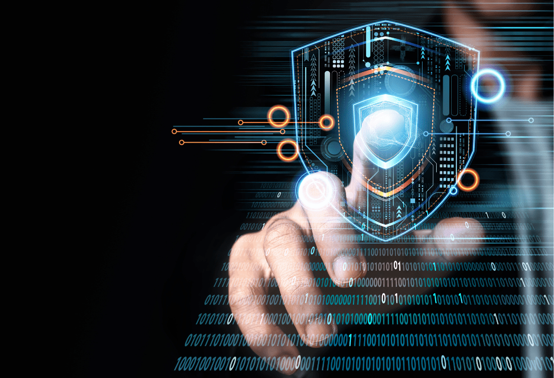 Digital representation of data security with a shield icon and a hand interacting with technology, symbolising ransomware protection using Veeam Backup and Replication.