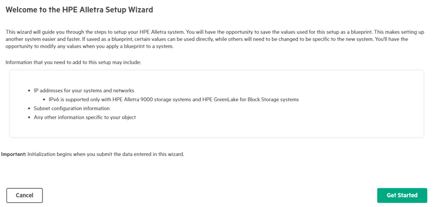 Welcome message from the setup wizard in Alletra MP.