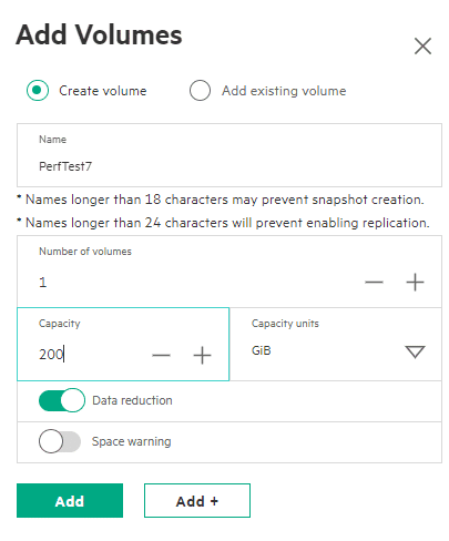 A screenshot of a dialog box from Alletra MP that allows you to add new storage volumes. 
