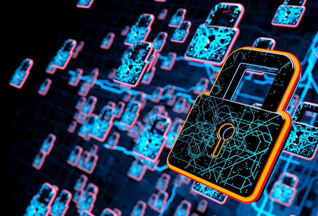 Graphic of interconnected digital locks symbolising secure data recovery, highlighting the automated capabilities of Veeam Recovery Orchestrator for disaster recovery.