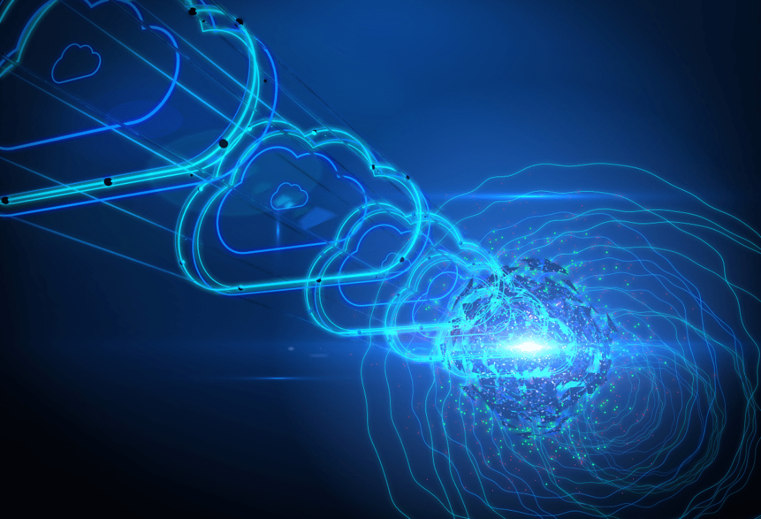 Abstract digital art showing glowing blue data streams converging into a secure sphere, symbolizing Veeam immutable backup protection and encrypted data storage in a cloud environment.