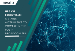 Abstract digital network illustration with interconnected nodes and lines, representing virtualisation, data management, and IT infrastructure. The image symbolises the flexibility, efficiency, and modernisation offered by HPE VM Essentials as an alternative to VMware in the post-Broadcom era.