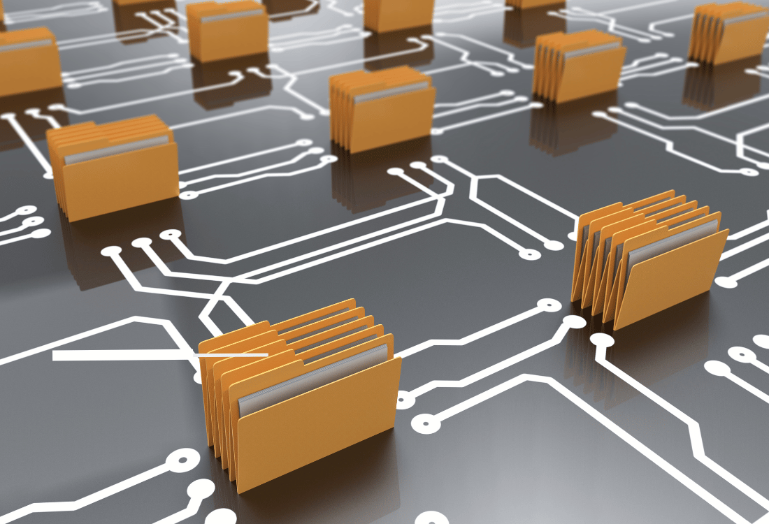 Data storage and processing represented by folders on a circuit board, highlighting the connection between data and technology in a service model like HPE Alletra.