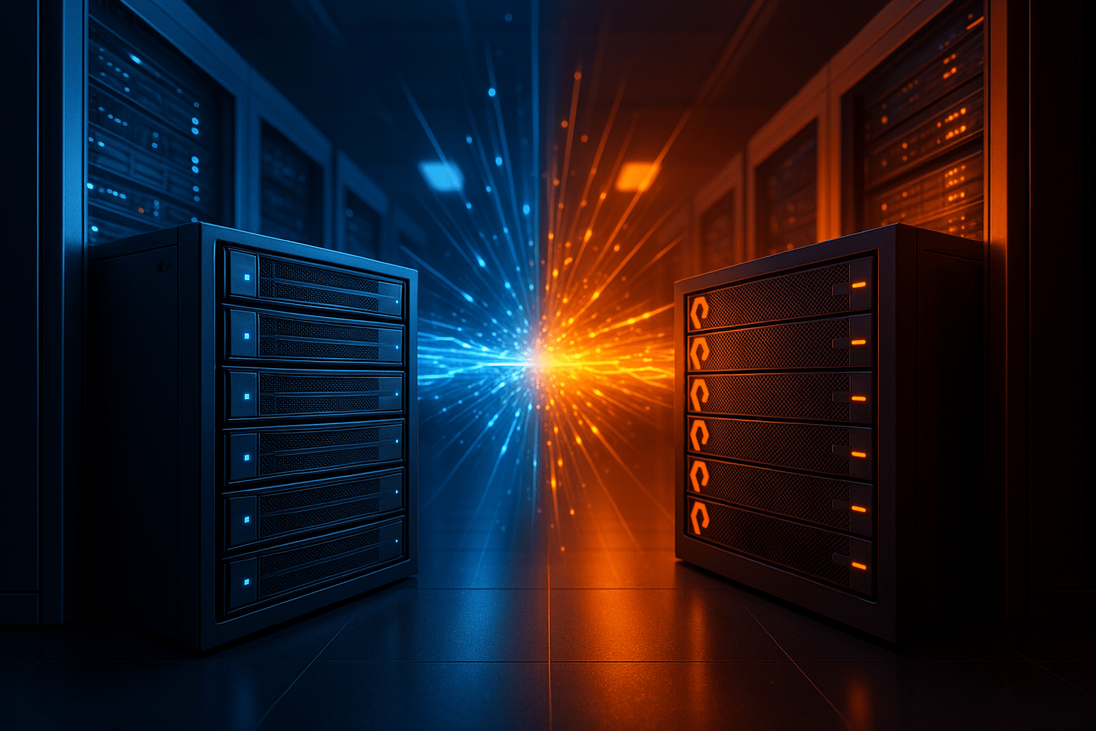 Visual comparison of two futuristic all-flash storage systems in a data centre, with blue lighting on the left representing Dell and orange lighting on the right representing Pure Storage.