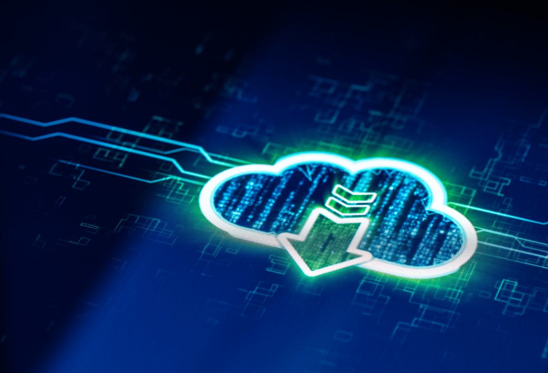 Glowing cloud icon with downward arrow symbolising cloud disaster recovery, highlighting secure data backup for SMEs in crisis scenarios.