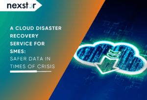 Glowing cloud icon with downward arrow symbolising cloud disaster recovery, highlighting secure data backup for SMEs in crisis scenarios.