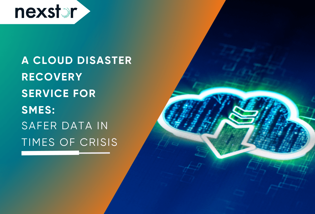 Glowing cloud icon with downward arrow symbolising cloud disaster recovery, highlighting secure data backup for SMEs in crisis scenarios.