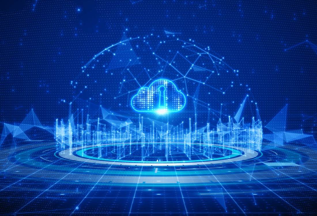 Futuristic cloud icon with a digital keyhole surrounded by data structures, symbolising secure and scalable cloud storage solutions for UK businesses.