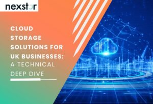 Futuristic cloud icon with a digital keyhole surrounded by data structures, symbolising secure and scalable cloud storage solutions for UK businesses.