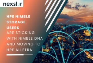 Aerial view of a city at dusk, with orange and cloudy skies, overlaid with glowing blue lines forming a network, which represents the move businesses make from HPE Nimble Storage to HPE Alletra.