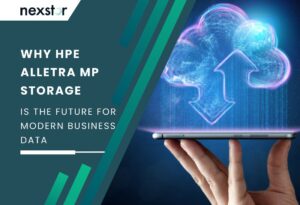 A hand holds a smartphone displaying a glowing, cloud icon with an upward arrow, symbolising data upload and cloud computing with HPE MP Alletra Storage. The background is dark blue with a subtle light flare.