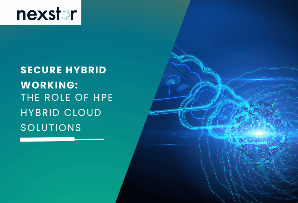 A row of stylised cloud icons receding into the distance, connected by glowing blue lines on a dark blue and black background, illustrating the concept of hybrid working data protection with HPE Hybrid Storage solutions.