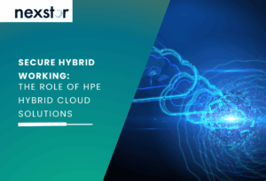 A row of stylised cloud icons receding into the distance, connected by glowing blue lines on a dark blue and black background, illustrating the concept of hybrid working data protection with HPE Hybrid Storage solutions.
