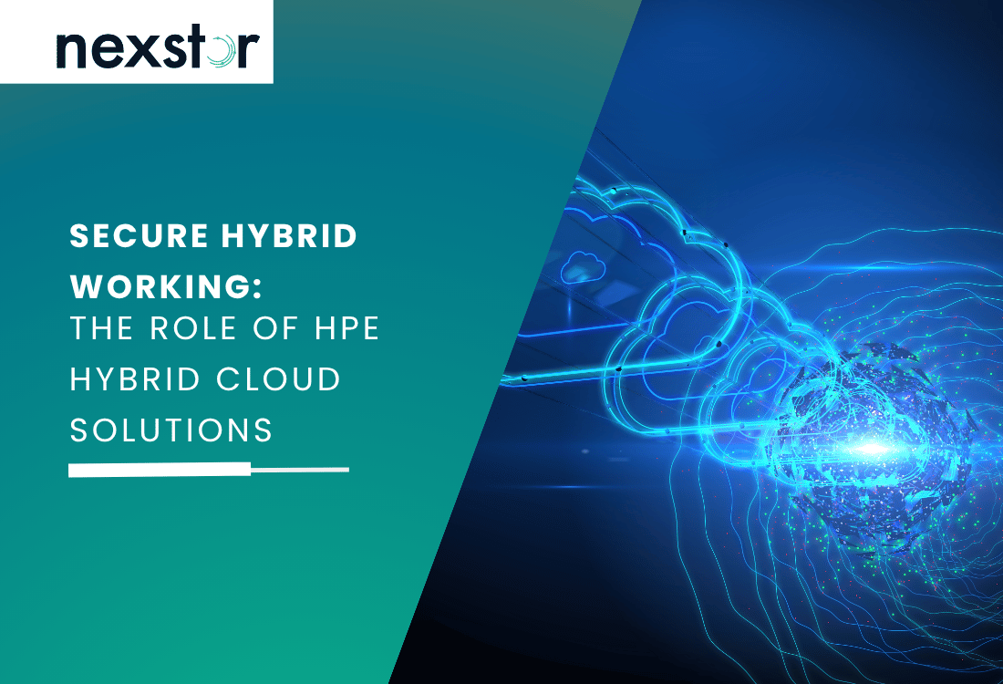 A row of stylised cloud icons receding into the distance, connected by glowing blue lines on a dark blue and black background, illustrating the concept of hybrid working data protection with HPE Hybrid Storage solutions.