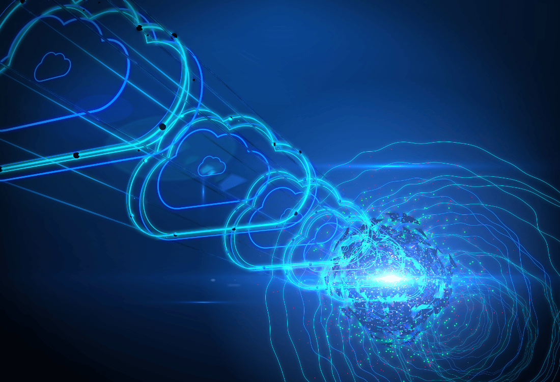 A row of stylised cloud icons receding into the distance, connected by glowing blue lines on a dark blue and black background, illustrating the concept of hybrid working data protection with HPE Hybrid Storage solutions.