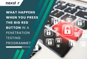 Red keyboard key surrounded by many floating padlock icons, symbolising security and vulnerability in pen testing.