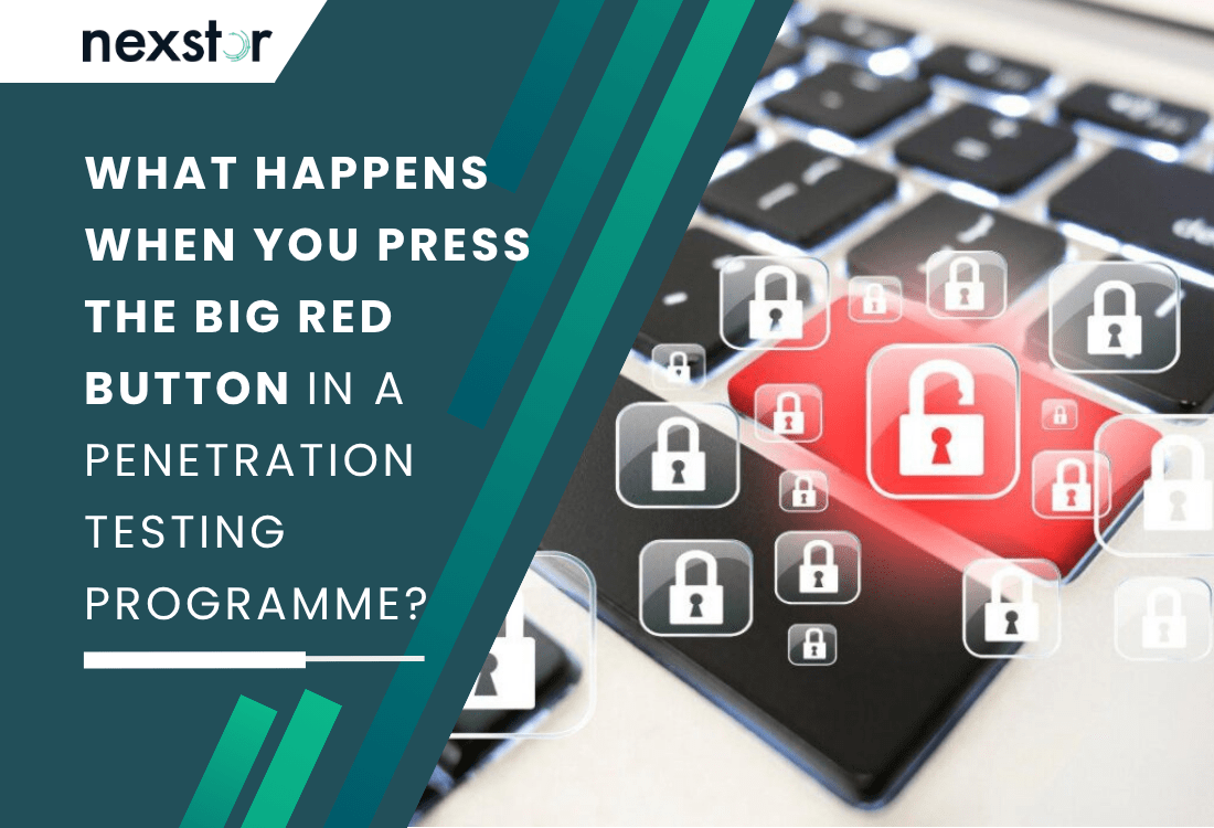 Red keyboard key surrounded by many floating padlock icons, symbolising security and vulnerability in pen testing.