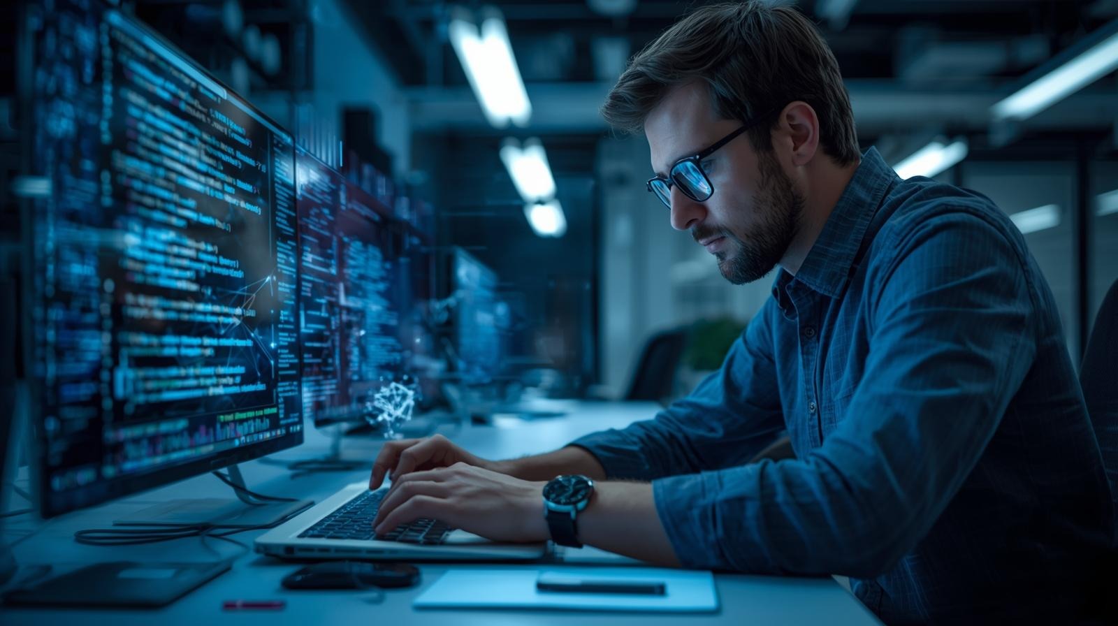 Man in an office, working on data security, coding on a computer