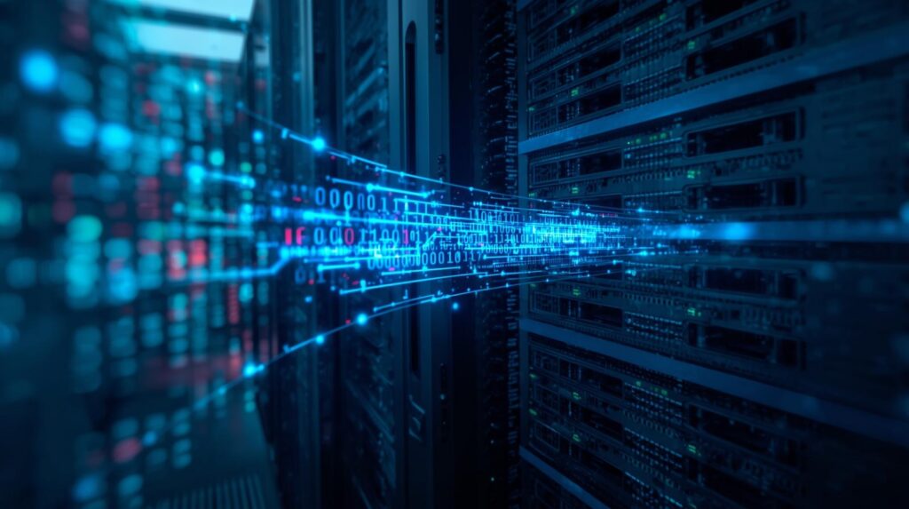 Abstract image with blue lights in a data centre, to represent cyber resilience within data storage.